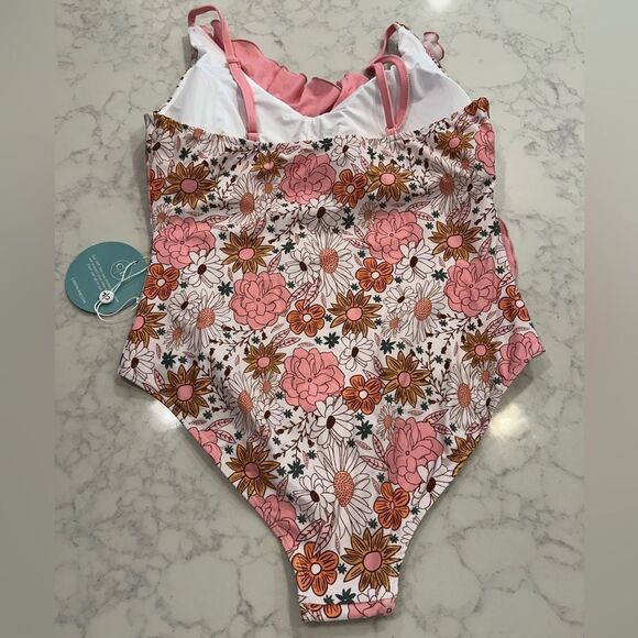 NWT Caden Lane Women's Ruffled One Piece Swimsuit Boho Floral Size L - Picture 5 of 8